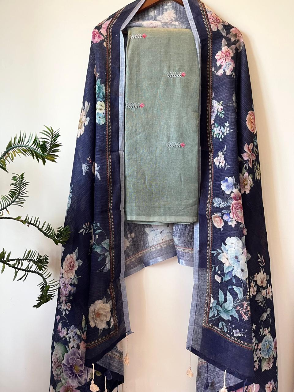 Linen Embroidered Suits - Sage Green
