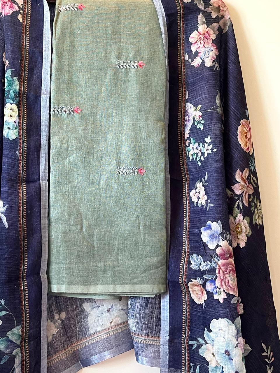 Linen Embroidered Suits - Sage Green
