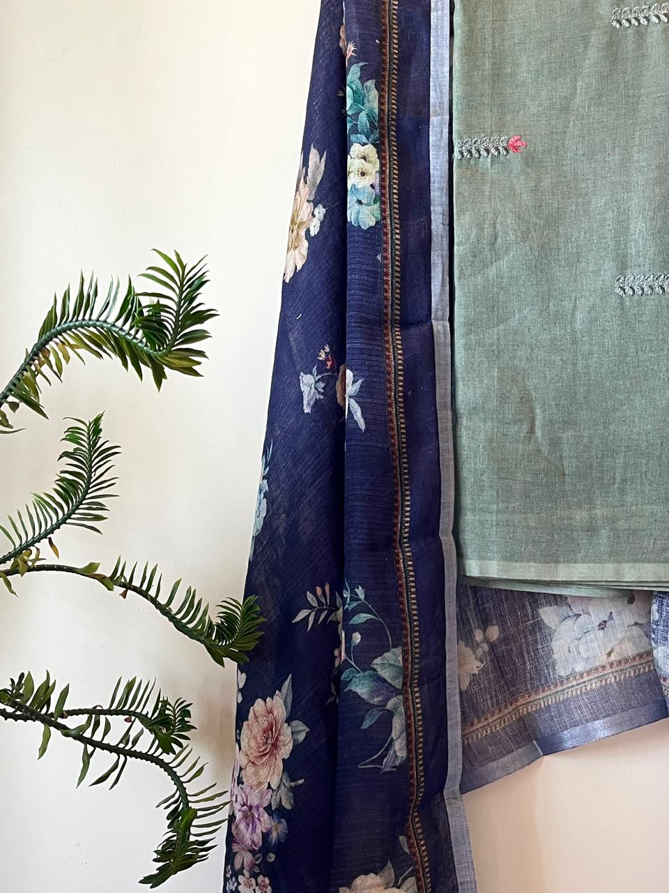 Linen Embroidered Suits - Sage Green