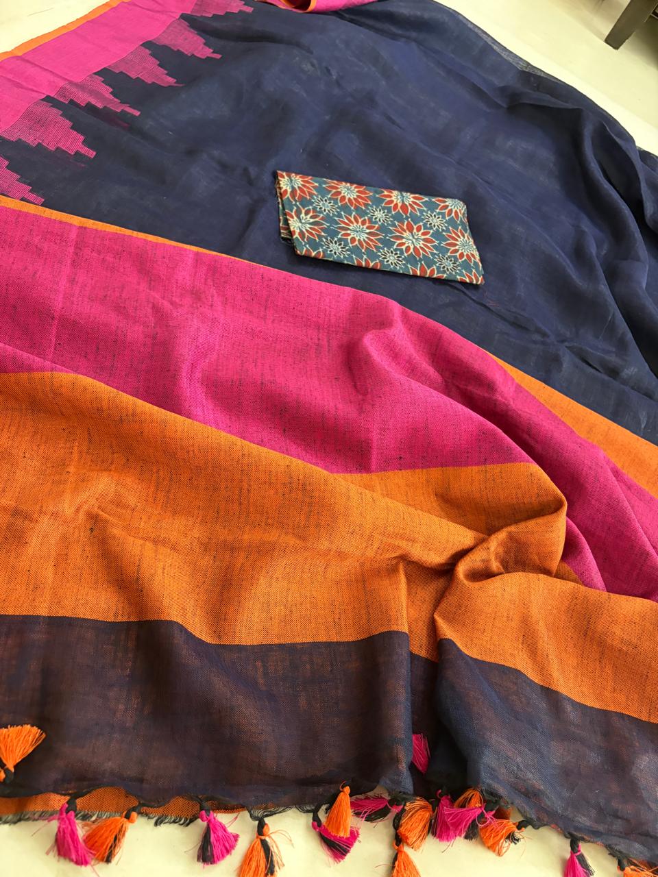 Handwoven Linen Saree with tassels and Temple Border - Navy Blue