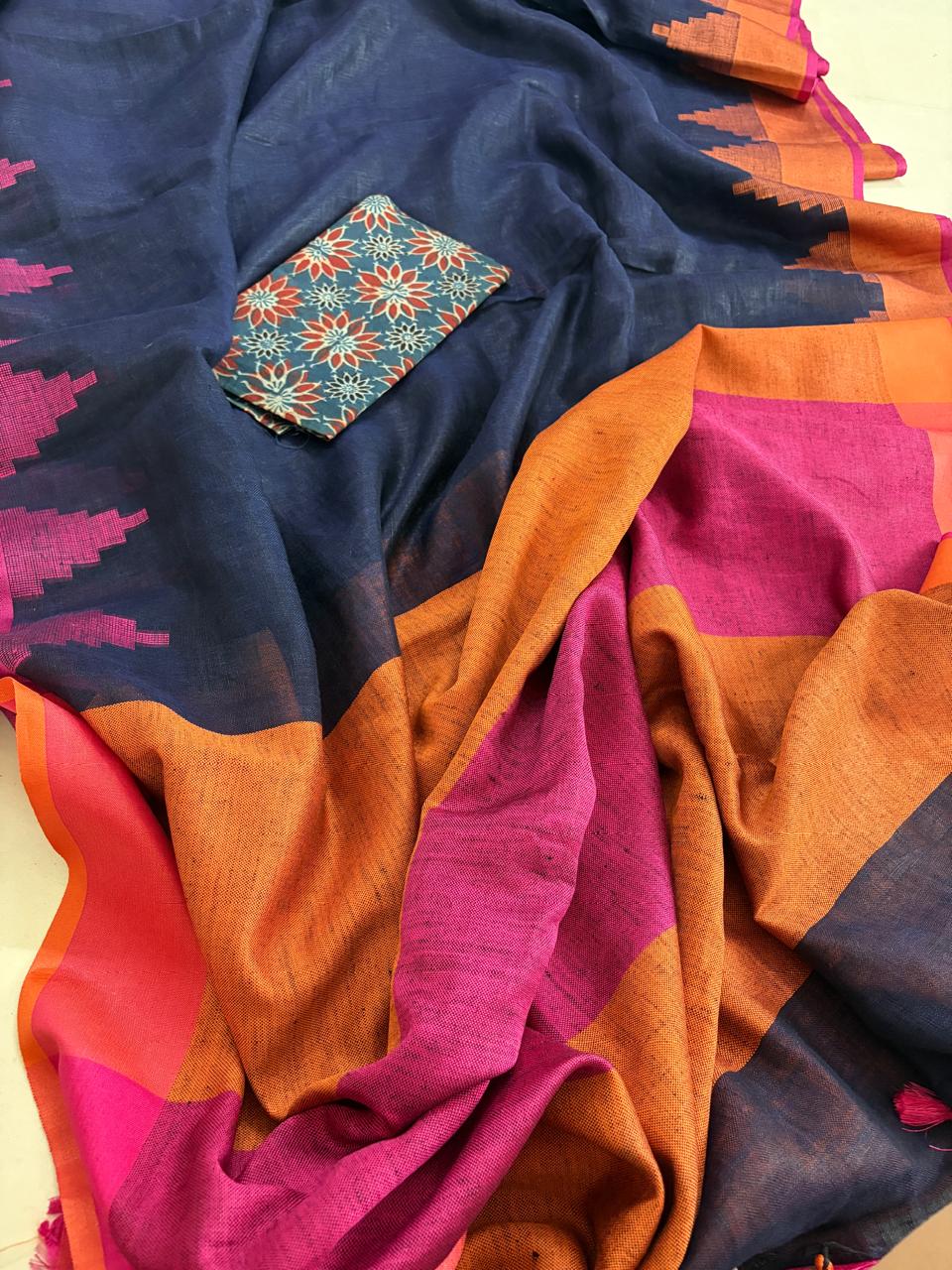Handwoven Linen Saree with tassels and Temple Border - Navy Blue