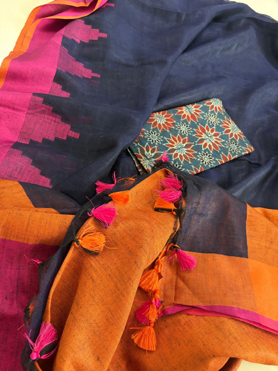 Handwoven Linen Saree with tassels and Temple Border - Navy Blue