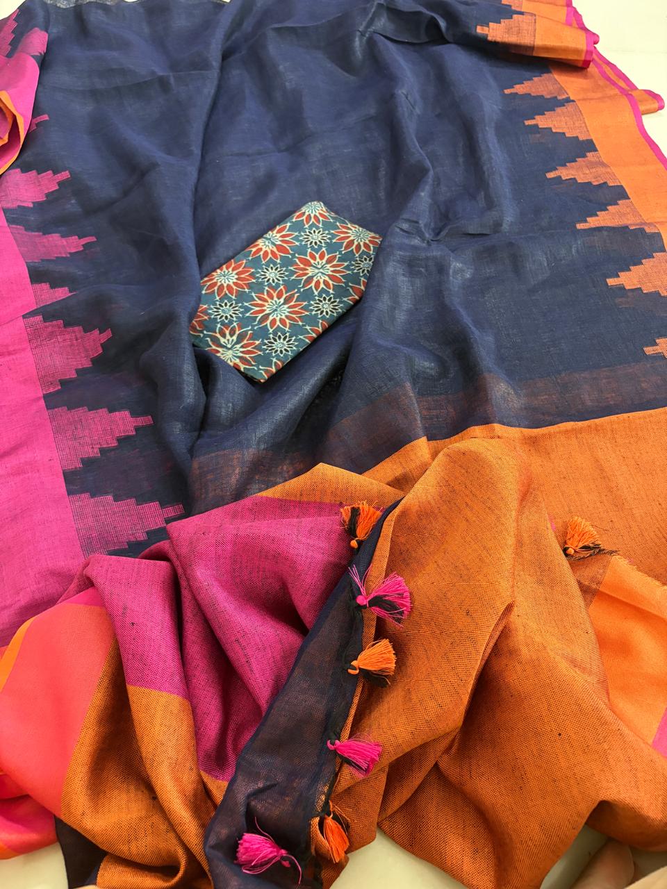 Handwoven Linen Saree with tassels and Temple Border - Navy Blue