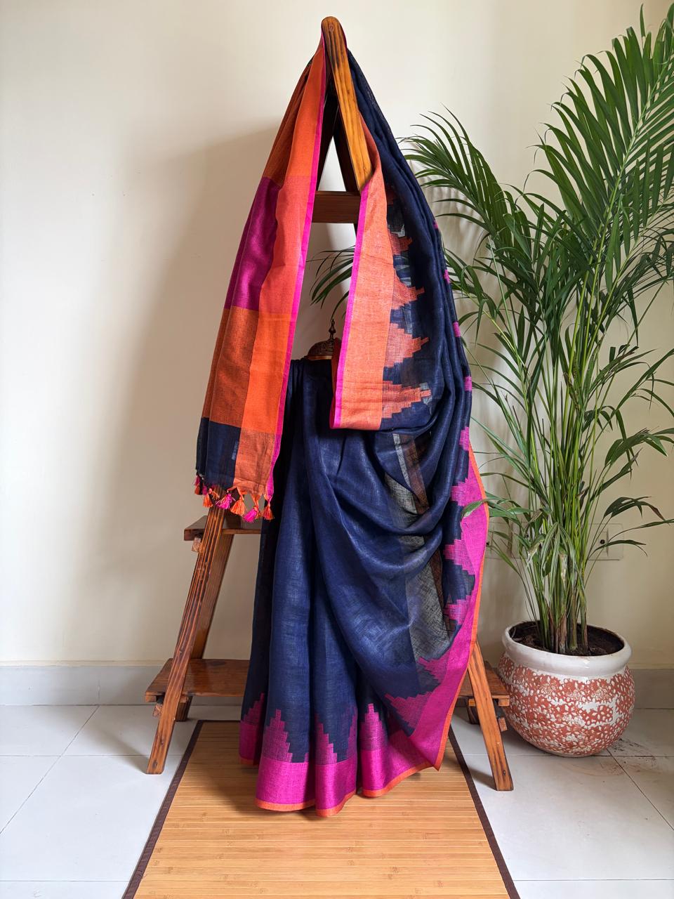 Handwoven Linen Saree with tassels and Temple Border - Navy Blue