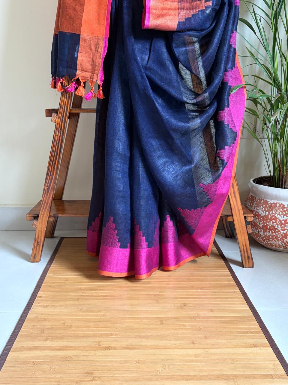 Handwoven Linen Saree with tassels and Temple Border - Navy Blue