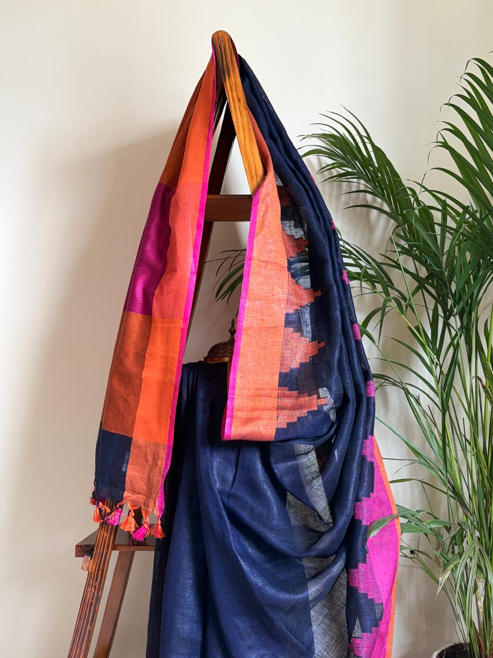 Handwoven Linen Saree with tassels and Temple Border - Navy Blue