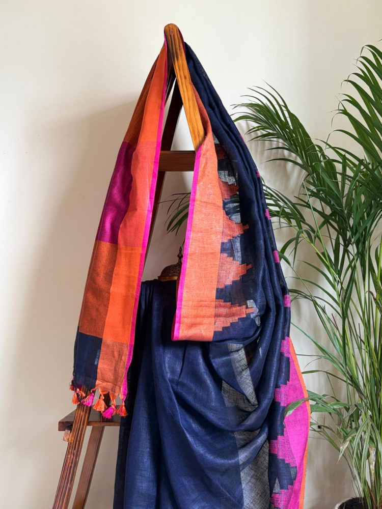 Image of Handwoven Linen Saree with tassels and Temple Border - Navy Blue