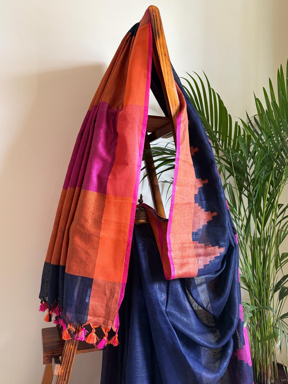 Handwoven Linen Saree with tassels and Temple Border - Navy Blue