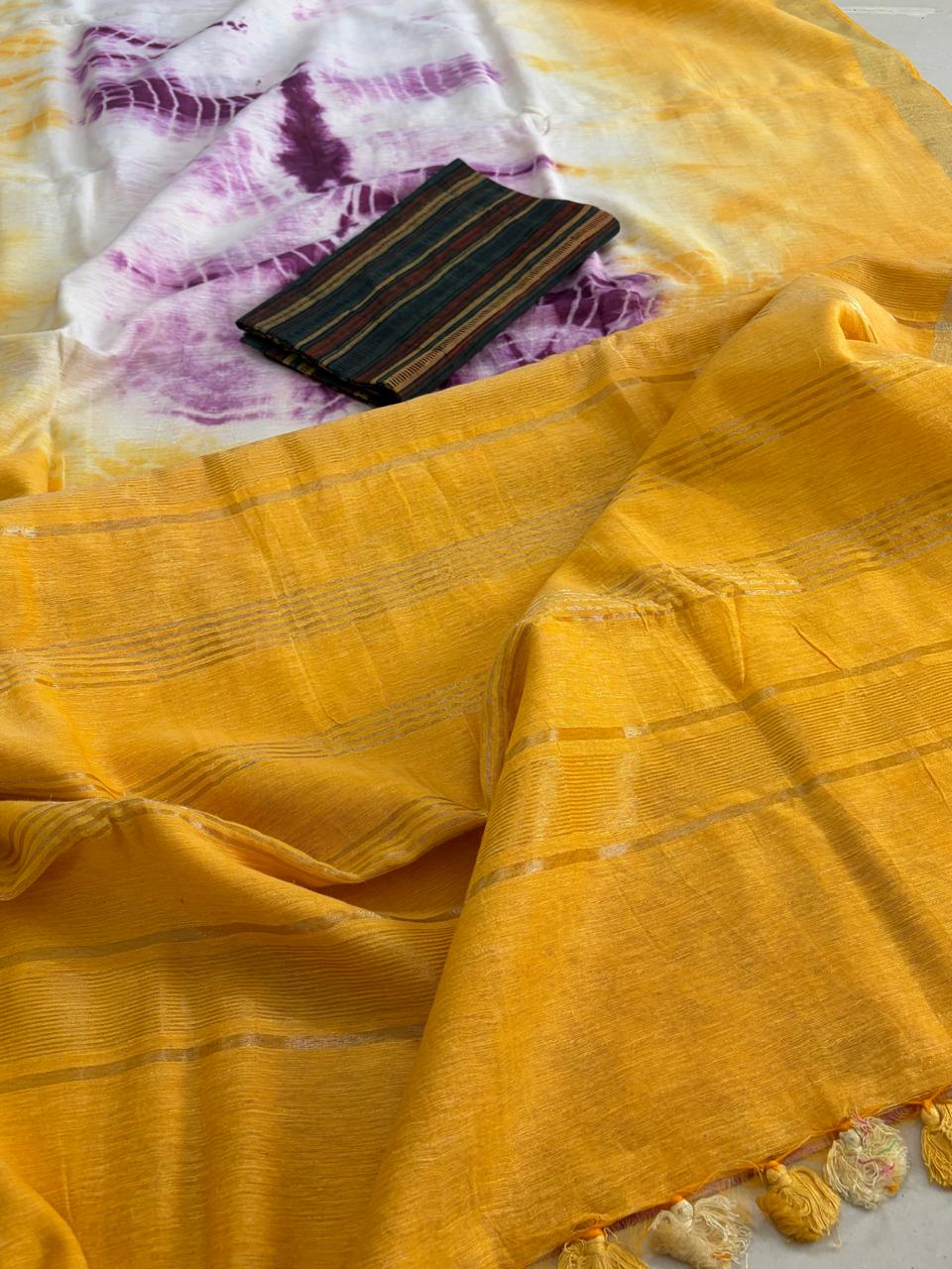 Beautiful handloom festive linen saree with intricate zari border - Yellow and Purple