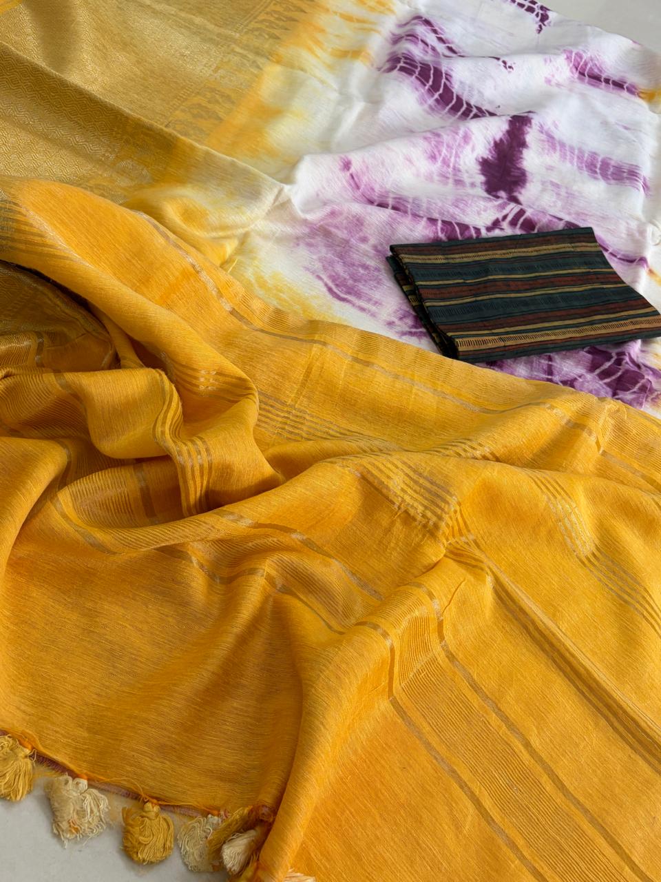 Beautiful handloom festive linen saree with intricate zari border - Yellow and Purple