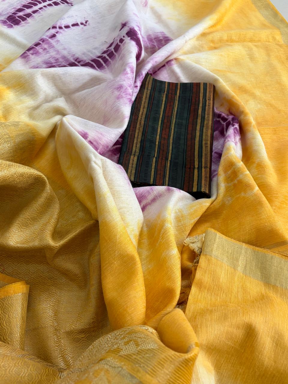 Beautiful handloom festive linen saree with intricate zari border - Yellow and Purple