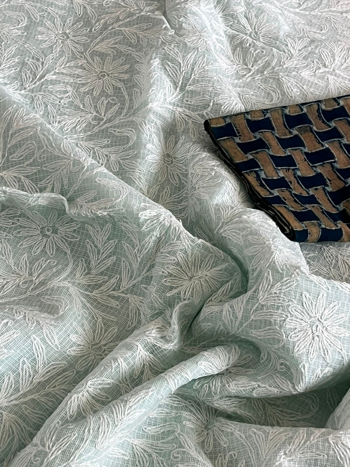 Lucknow Kota Doria Cotton Saree with Hand Tepchi Embroidery and Ajrakh blouse - Mint Green