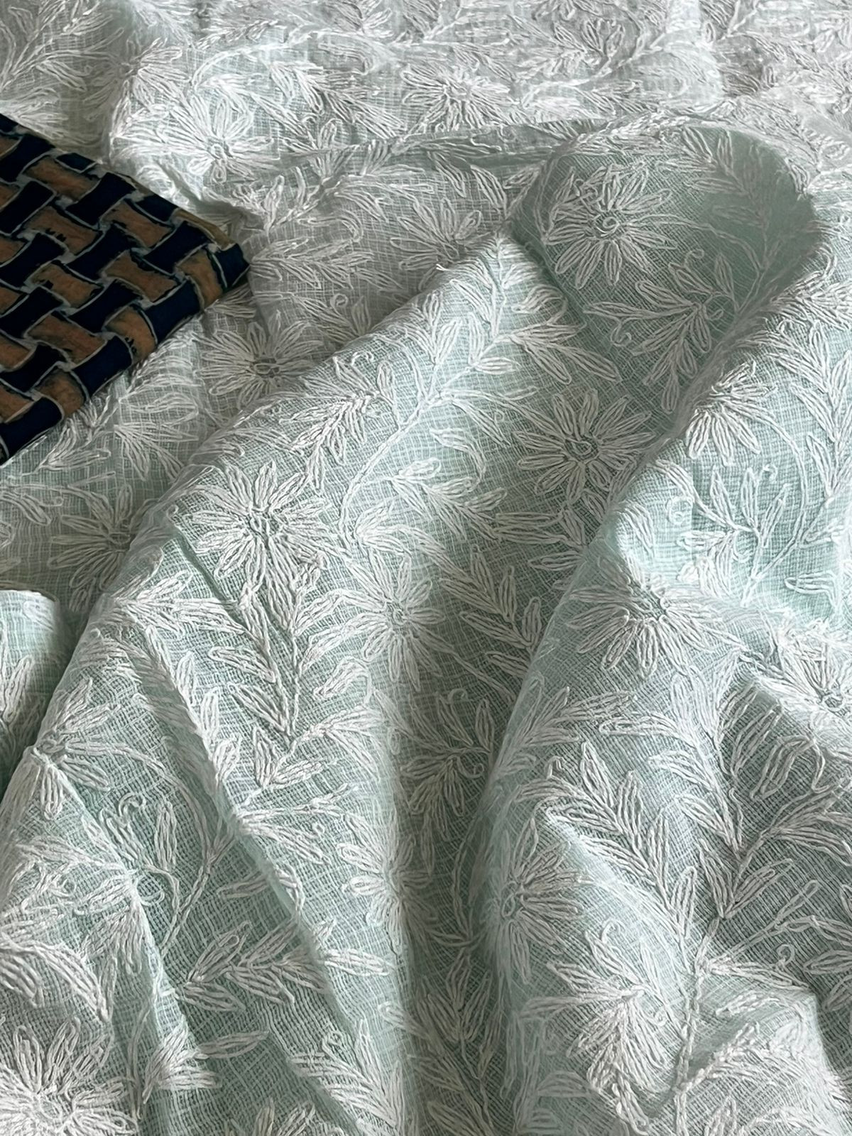 Lucknow Kota Doria Cotton Saree with Hand Tepchi Embroidery and Ajrakh blouse - Mint Green