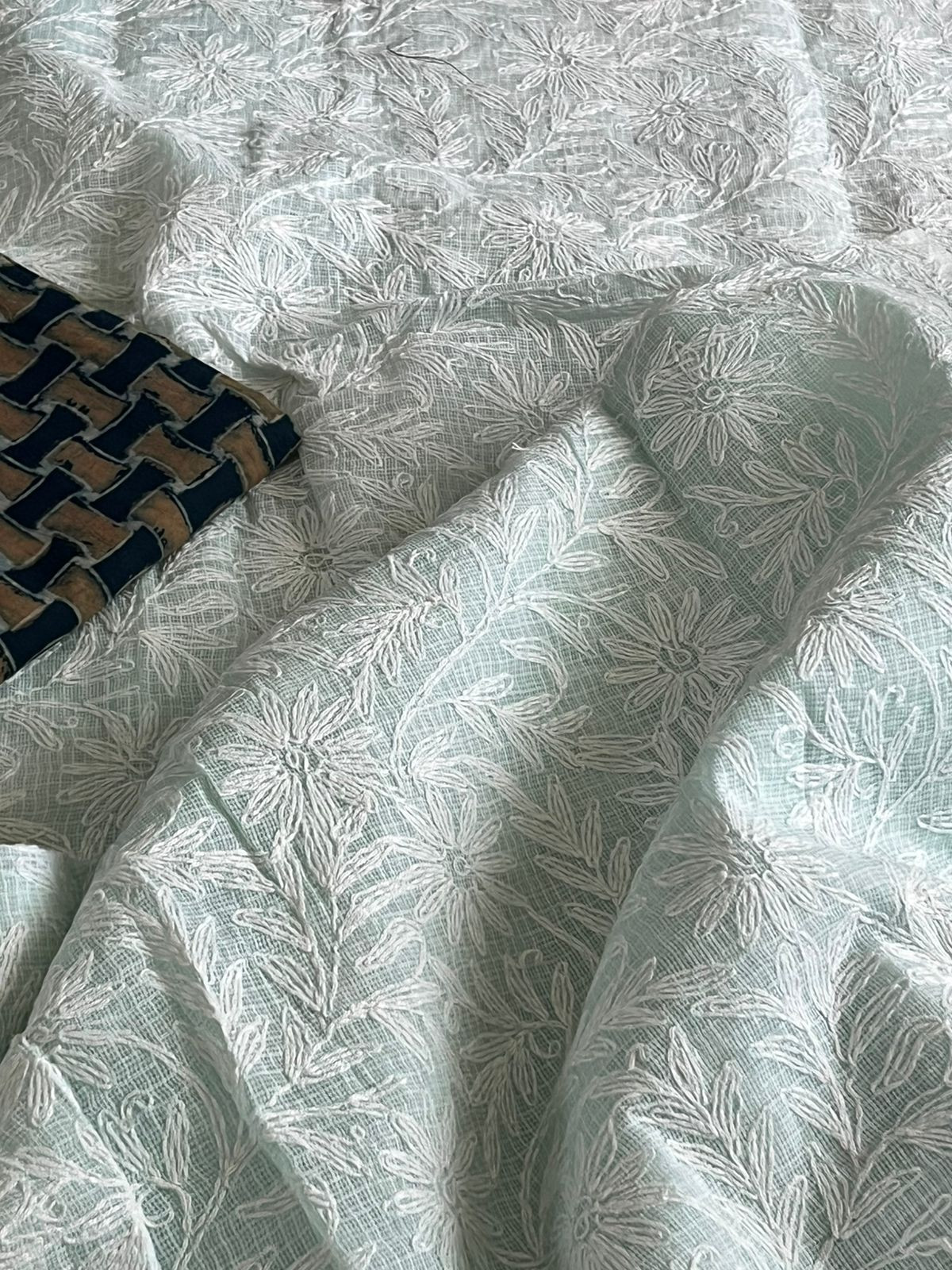 Lucknow Kota Doria Cotton Saree with Hand Tepchi Embroidery and Ajrakh blouse - Mint Green