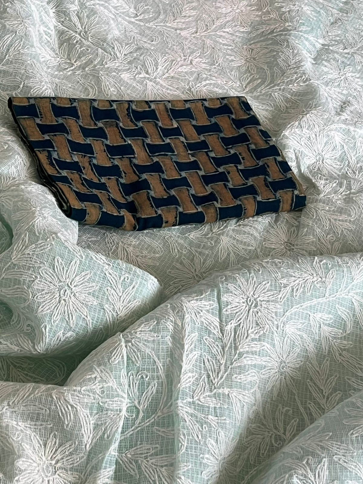 Lucknow Kota Doria Cotton Saree with Hand Tepchi Embroidery and Ajrakh blouse - Mint Green