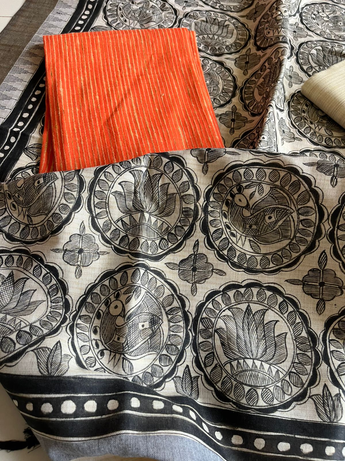Madhubani Handpainted Cotton Silk Dupatta With Kurta And Bottom- Beige and Orange
