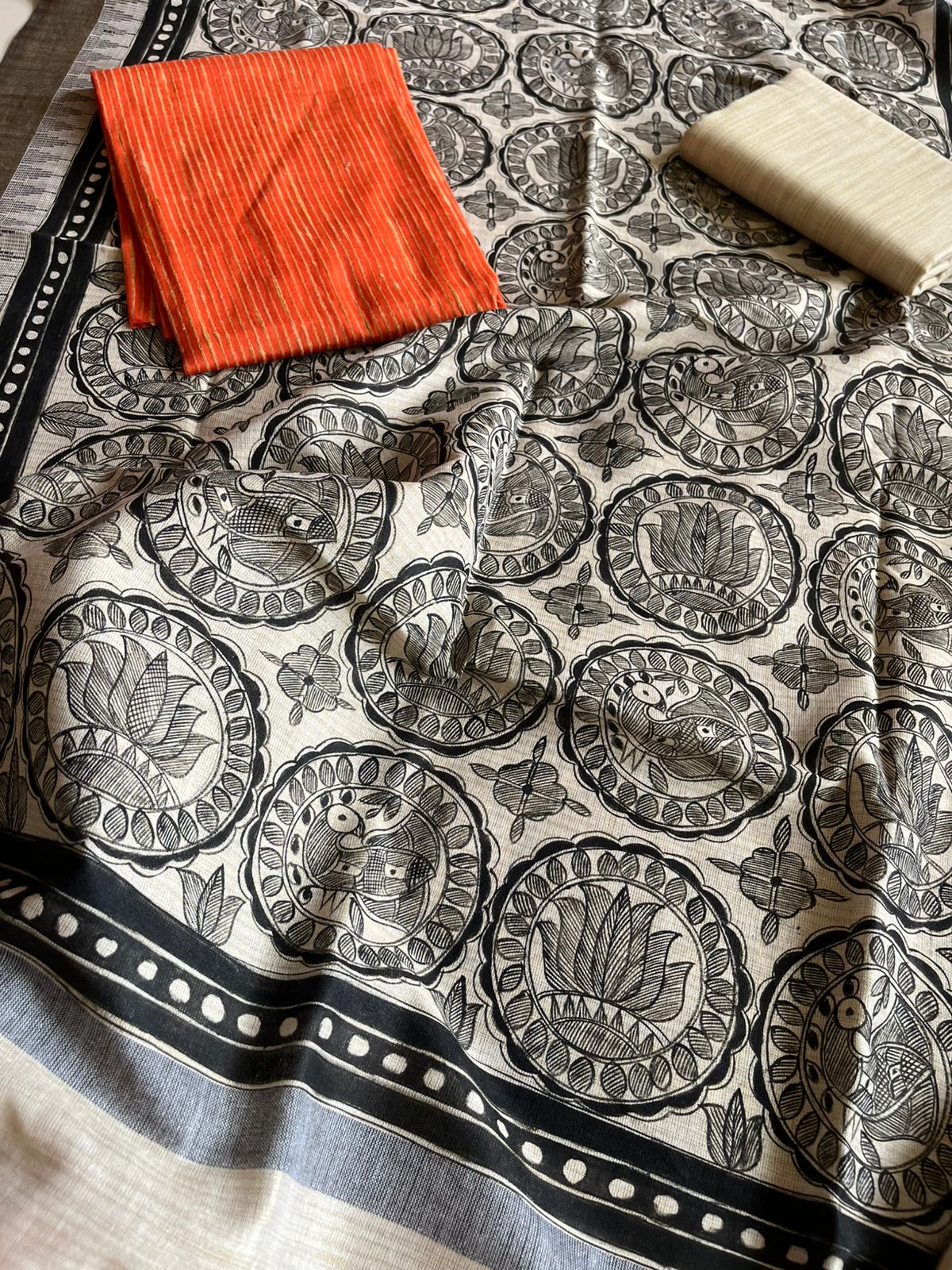 Madhubani Handpainted Cotton Silk Dupatta With Kurta And Bottom- Beige and Orange