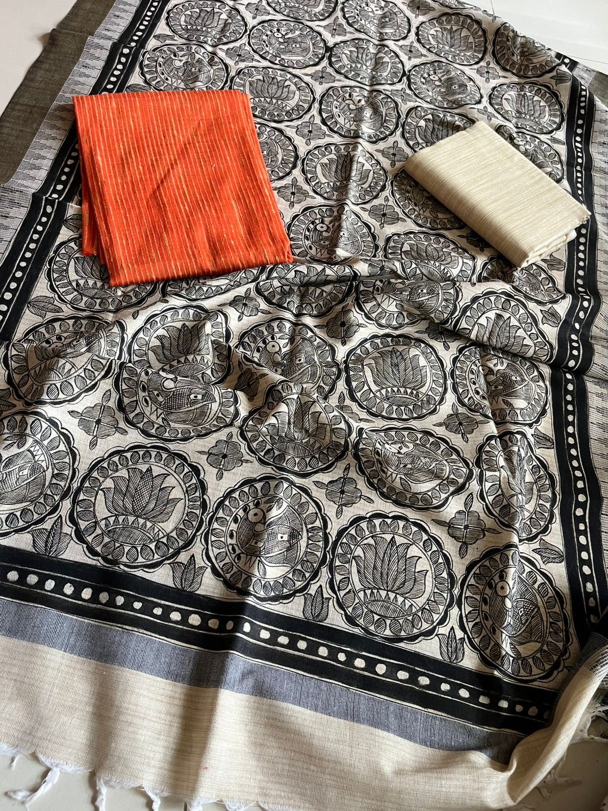 Madhubani Handpainted Cotton Silk Dupatta With Kurta And Bottom- Beige and Orange