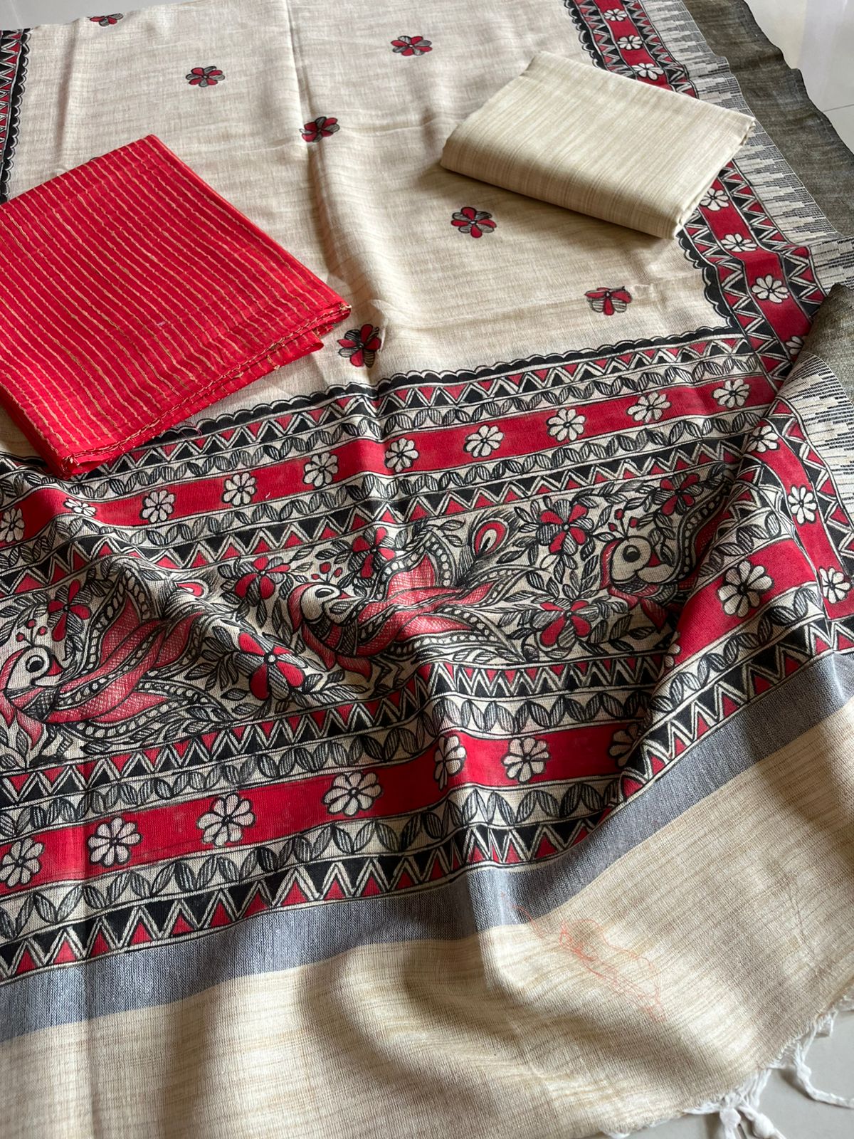 Madhubani Handpainted Cotton Silk Dupatta With Kurta And Bottom- Beige and Red