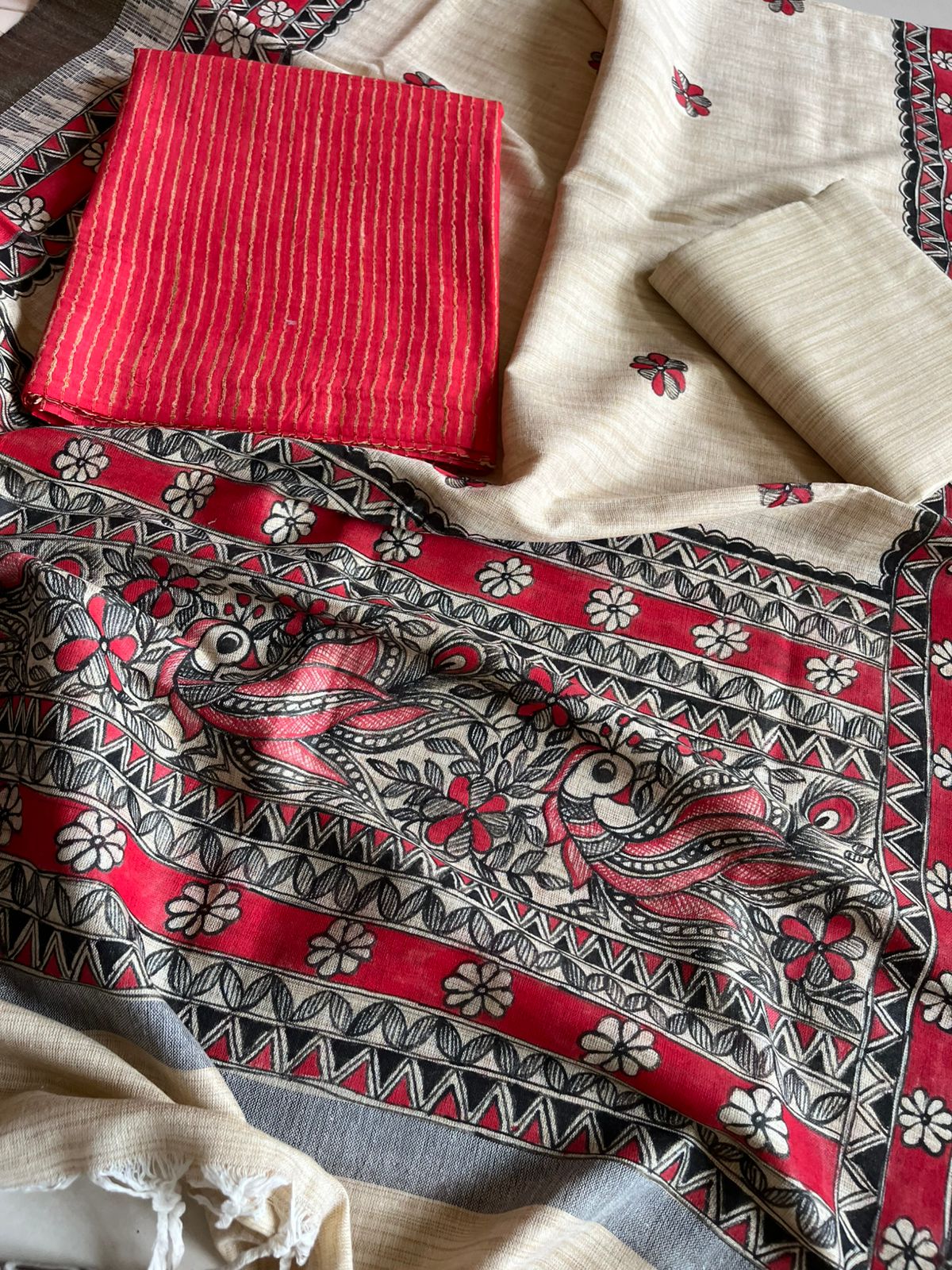 Madhubani Handpainted Cotton Silk Dupatta With Kurta And Bottom- Beige and Red