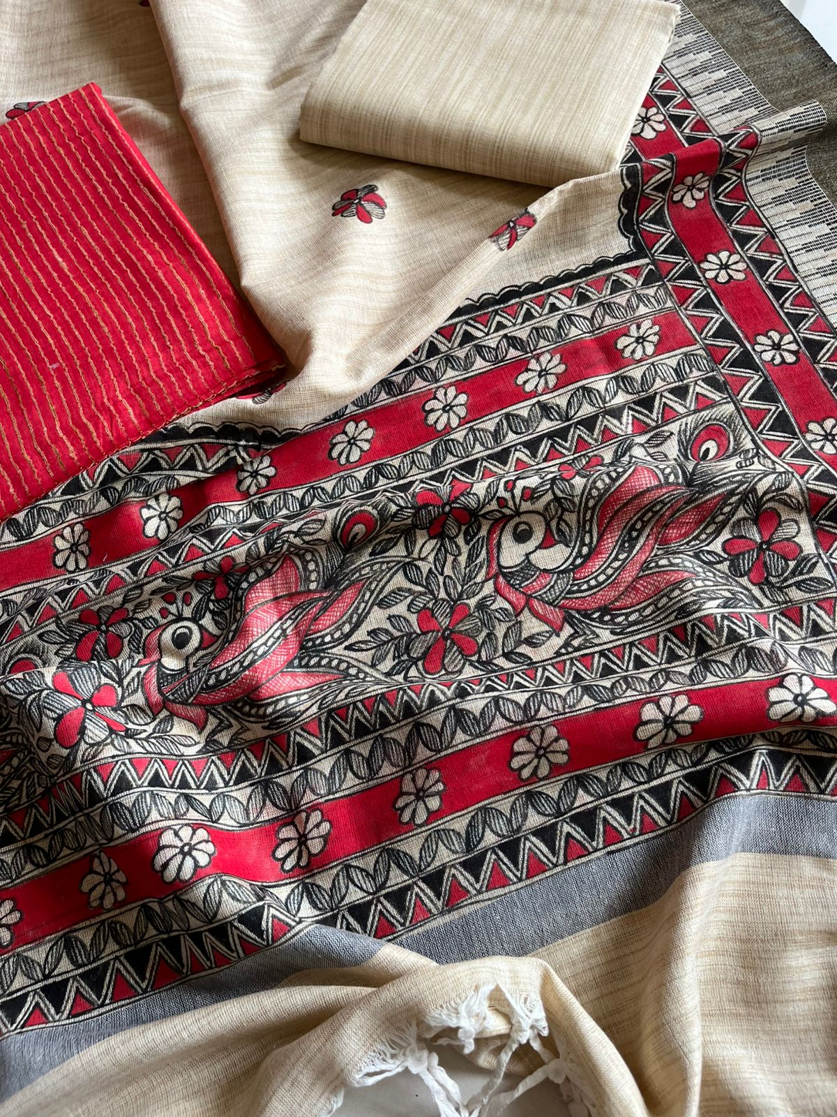 Madhubani Handpainted Cotton Silk Dupatta With Kurta And Bottom- Beige and Red
