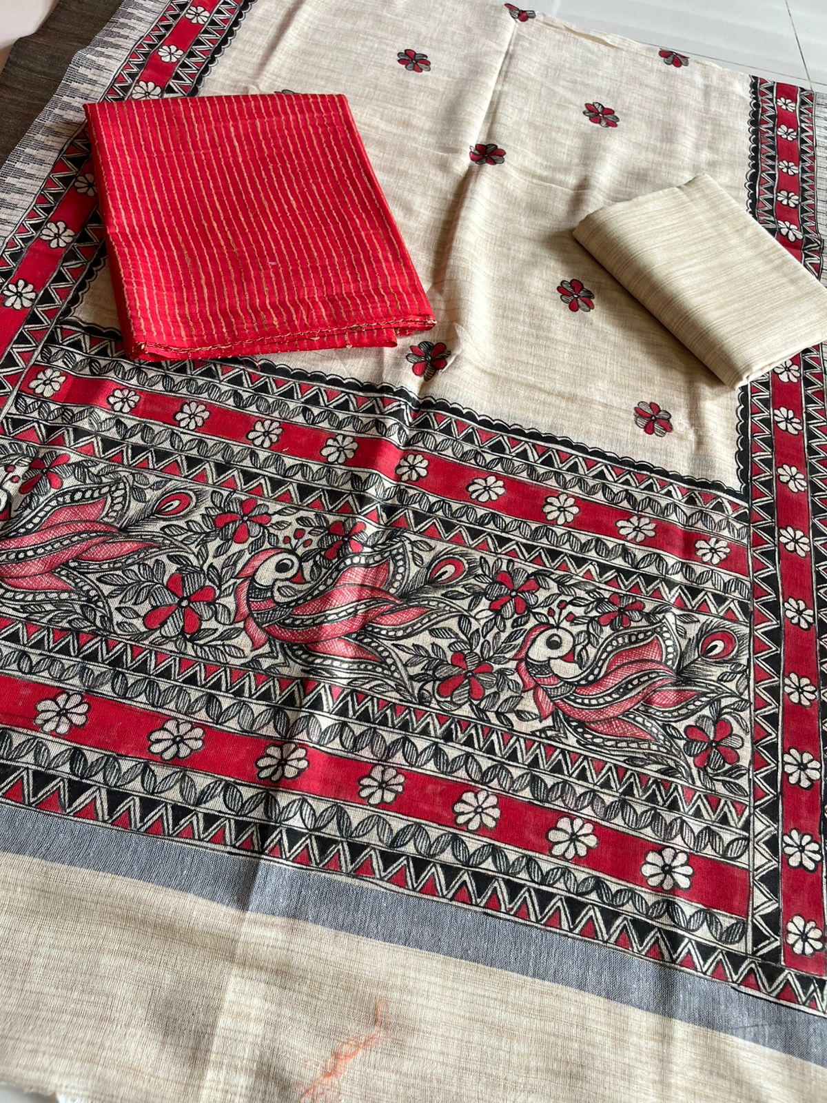 Madhubani Handpainted Cotton Silk Dupatta With Kurta And Bottom- Beige and Red