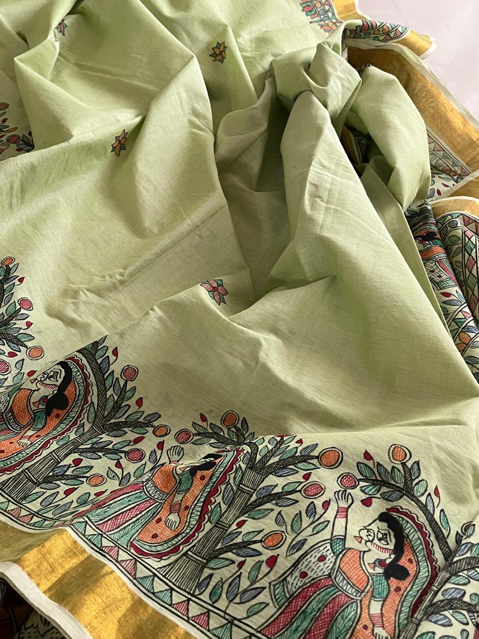 Madhubani Handpainted Fusion Kasavu Cotton Saree - Green