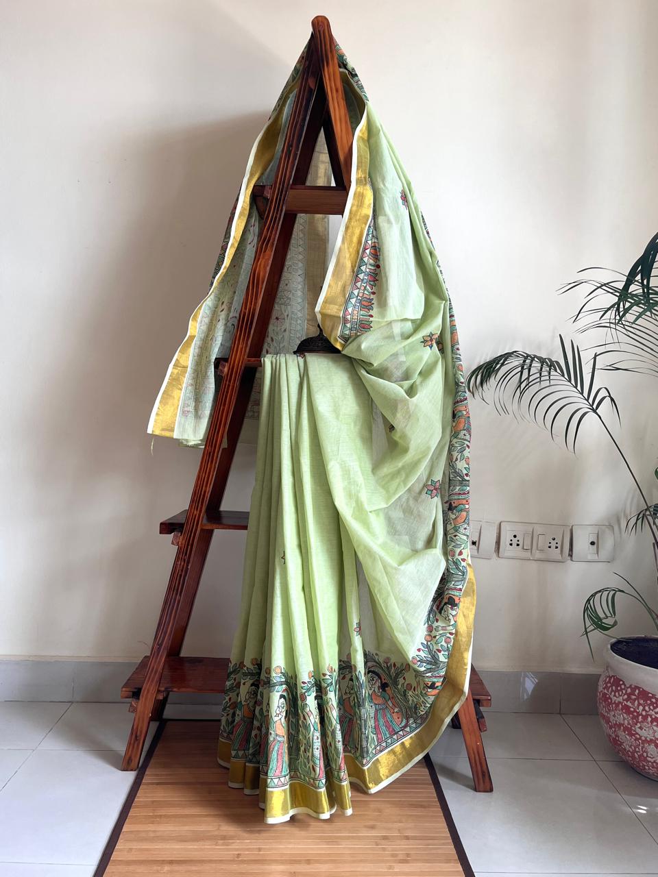Madhubani Handpainted Fusion Kasavu Cotton Saree - Green