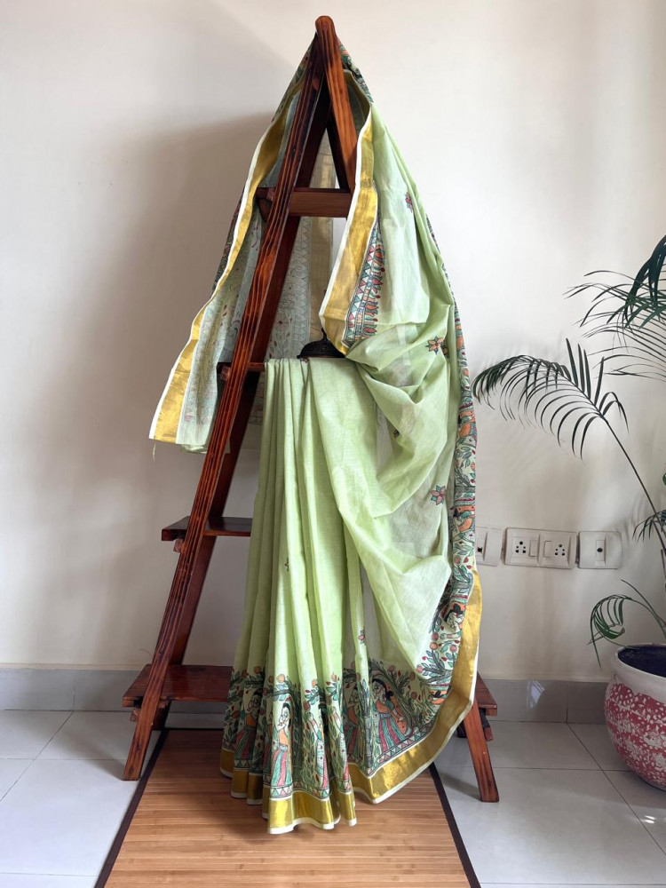 Image of Madhubani Handpainted Fusion Kasavu Cotton Saree - Green