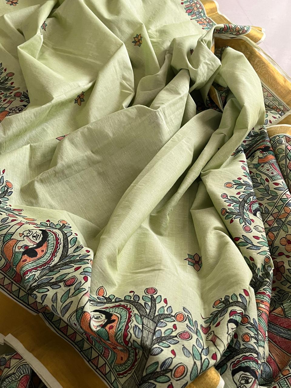 Madhubani Handpainted Fusion Kasavu Cotton Saree - Green