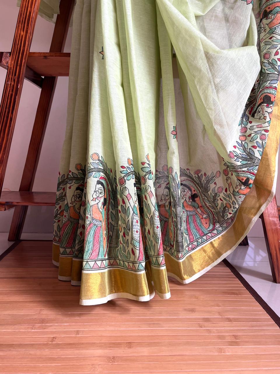 Madhubani Handpainted Fusion Kasavu Cotton Saree - Green