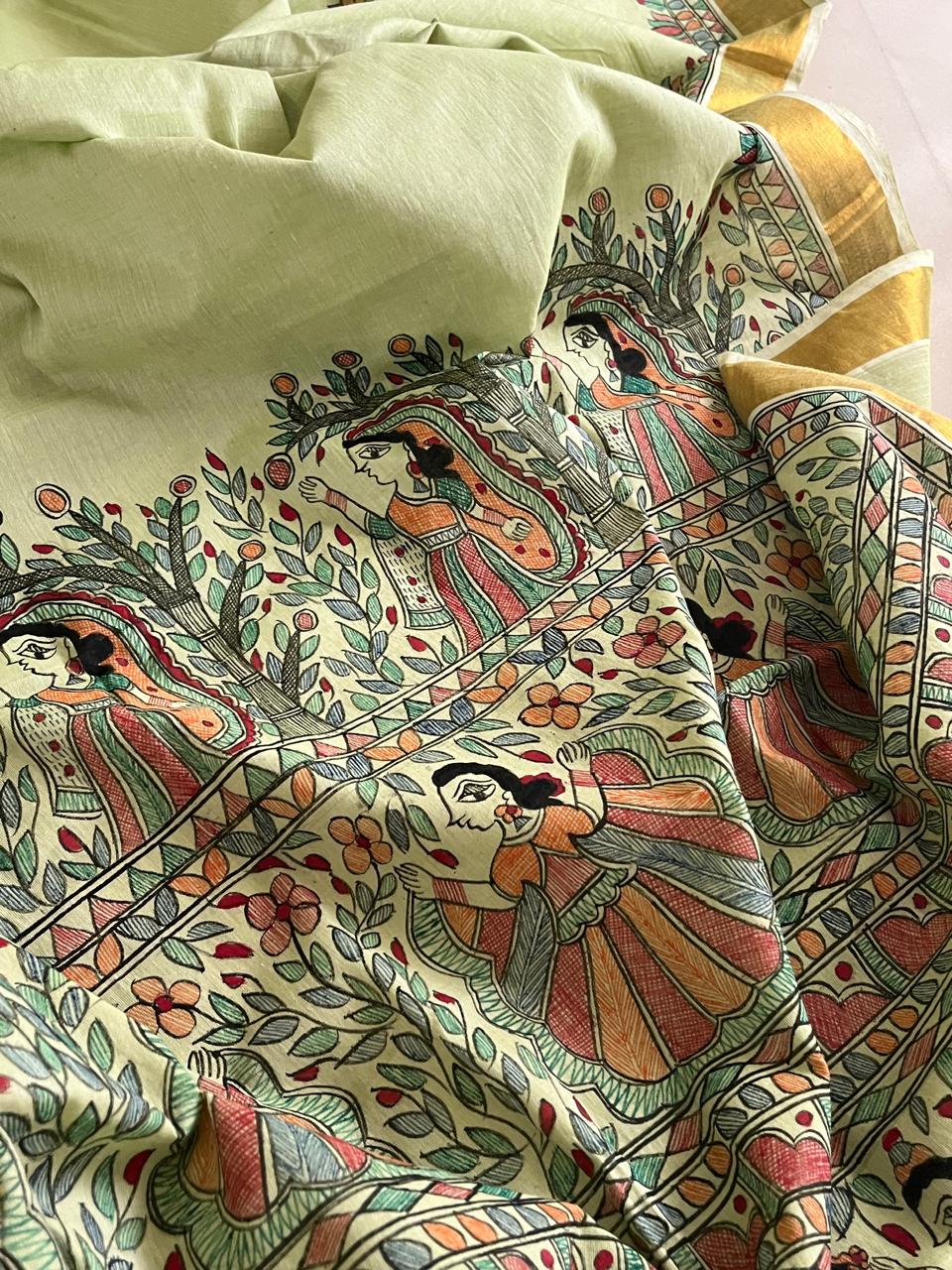 Madhubani Handpainted Fusion Kasavu Cotton Saree - Green