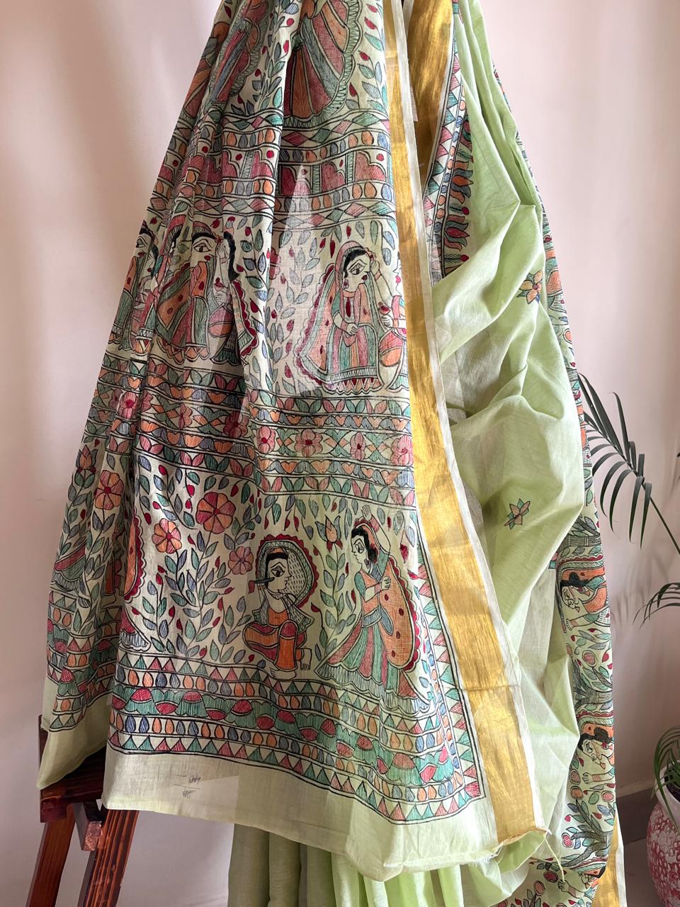 Madhubani Handpainted Fusion Kasavu Cotton Saree - Green