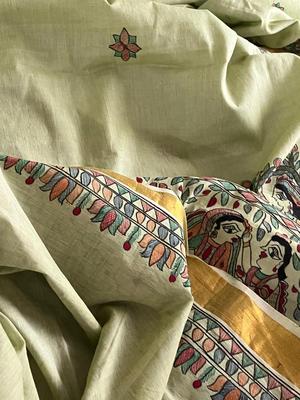 Madhubani Handpainted Fusion Kasavu Cotton Saree - Green