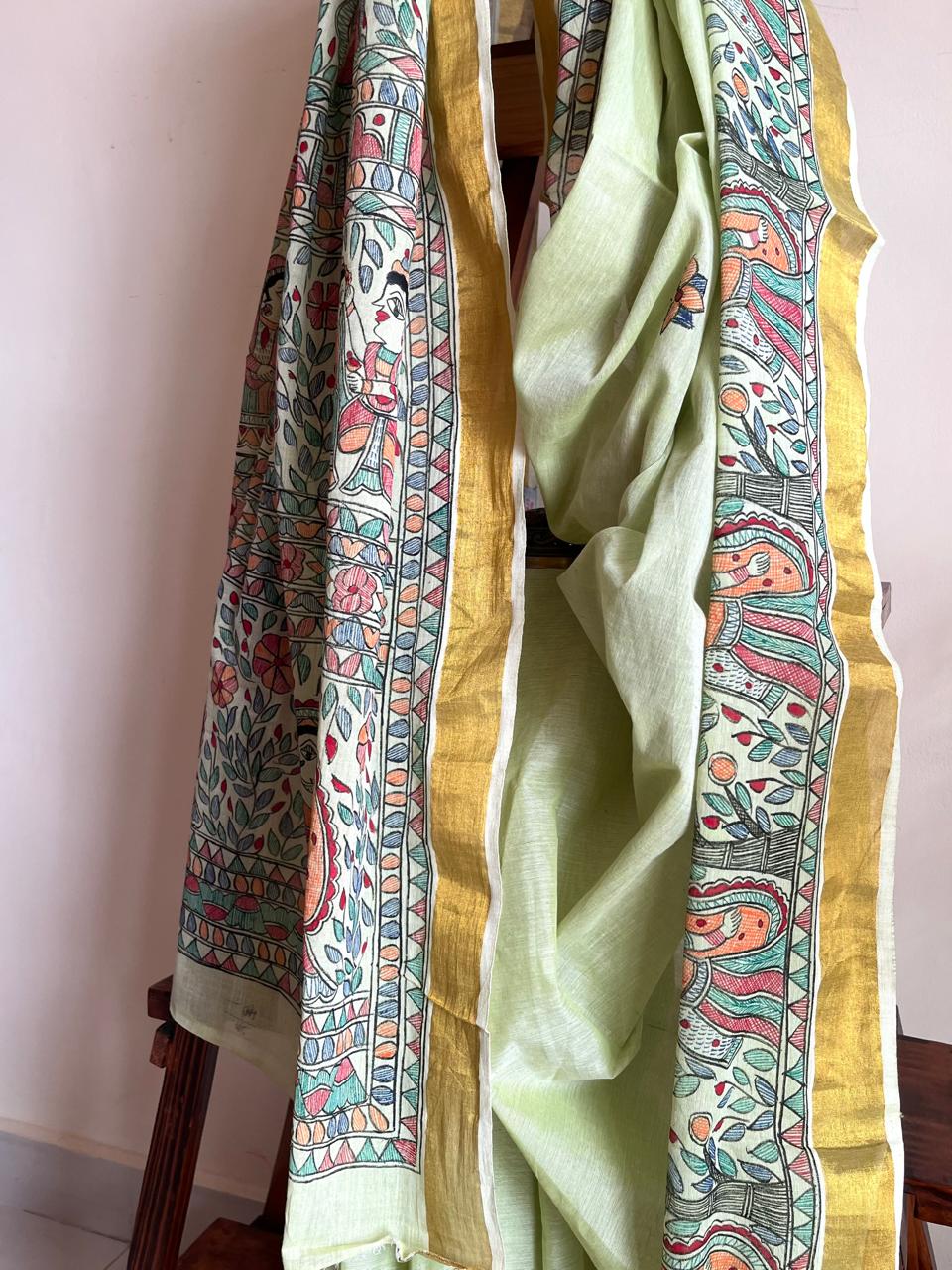 Madhubani Handpainted Fusion Kasavu Cotton Saree - Green