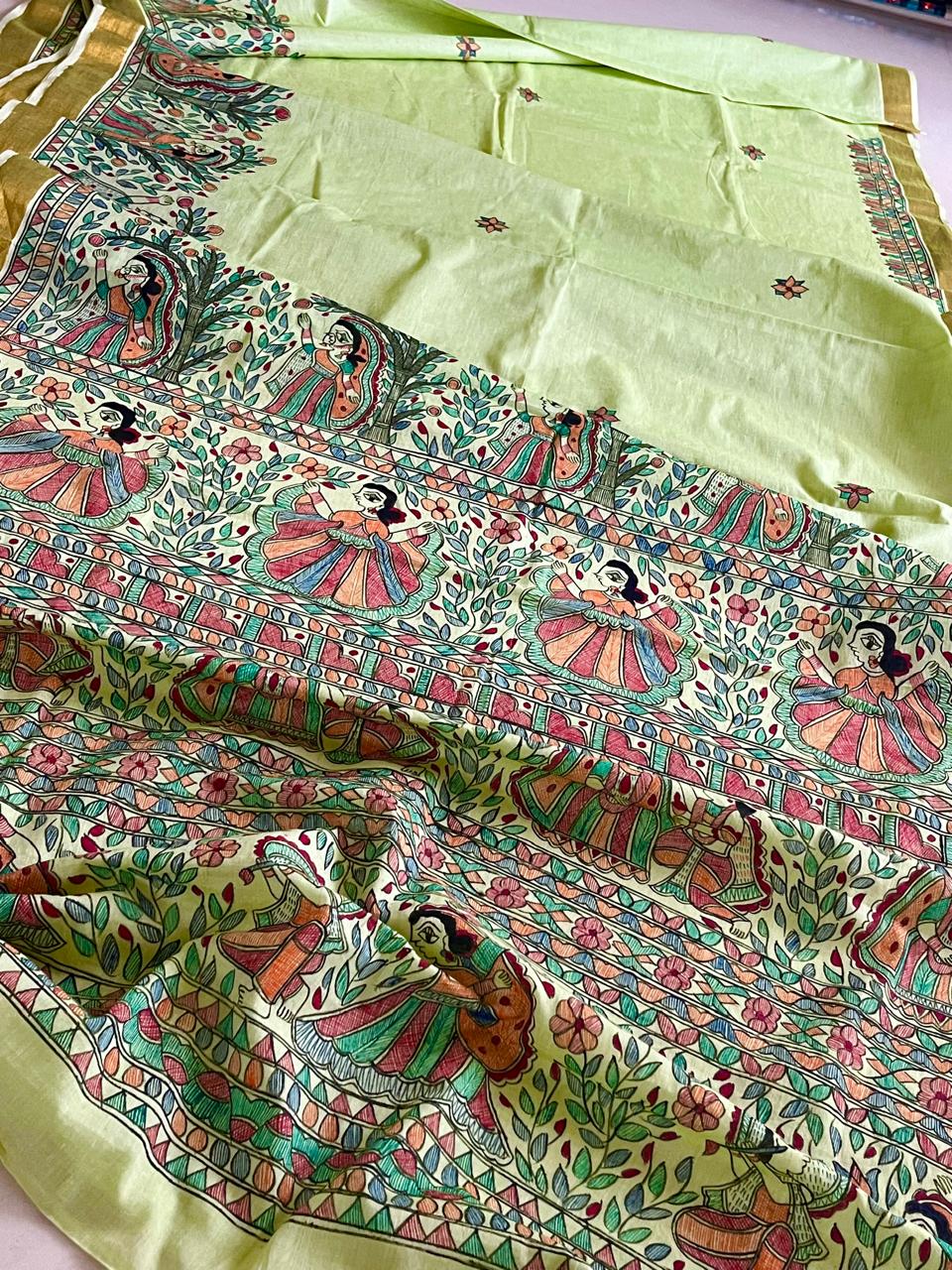 Madhubani Handpainted Fusion Kasavu Cotton Saree - Green