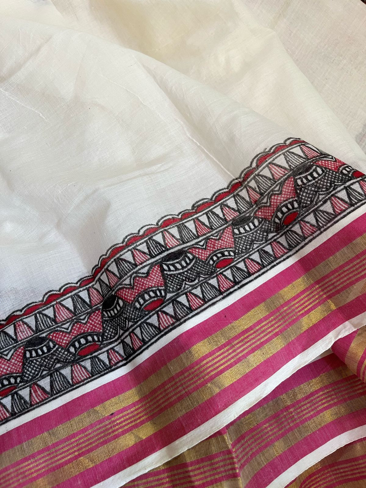 Madhubani Handpainted Fusion Kasavu Cotton Saree - Off White