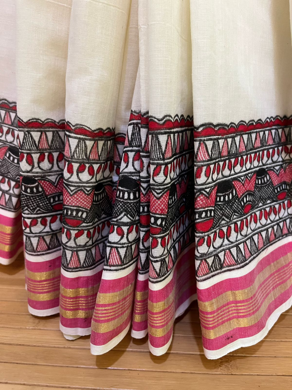 Madhubani Handpainted Fusion Kasavu Cotton Saree - Off White