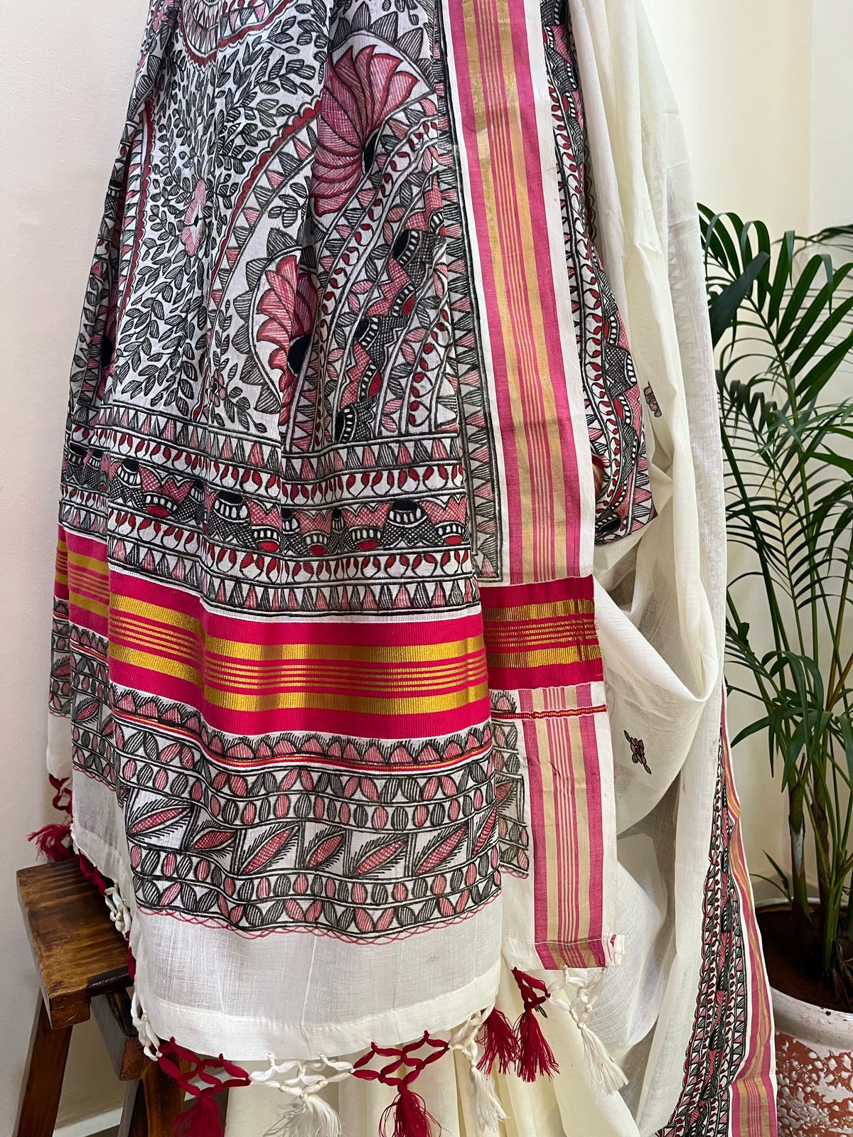 Madhubani Handpainted Fusion Kasavu Cotton Saree - Off White