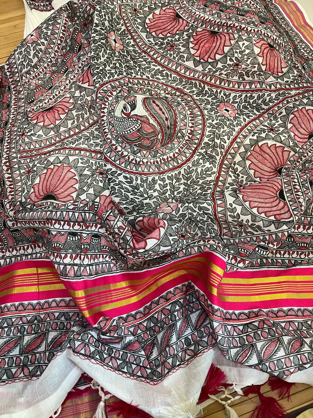 Madhubani Handpainted Fusion Kasavu Cotton Saree - Off White