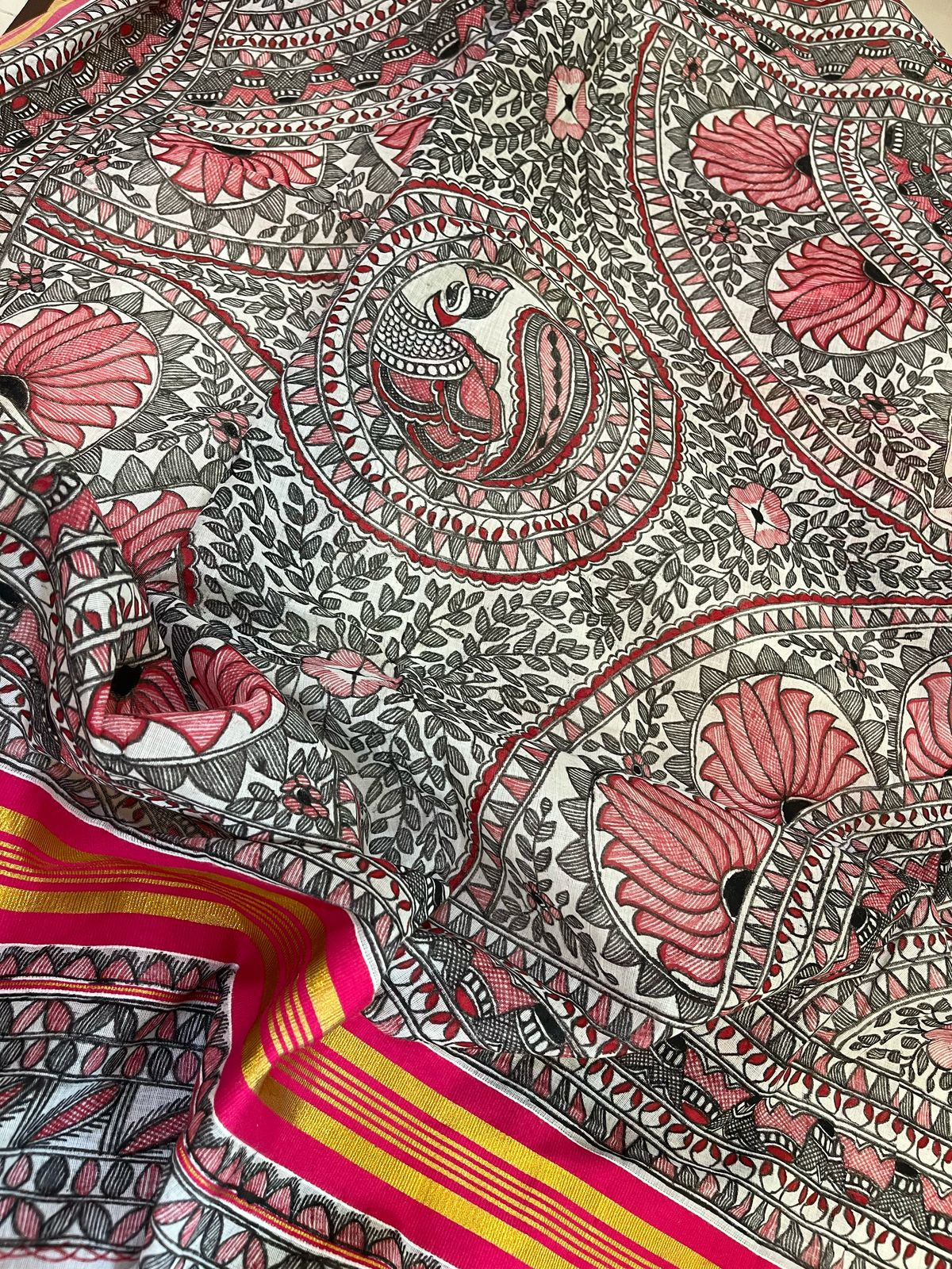 Madhubani Handpainted Fusion Kasavu Cotton Saree - Off White