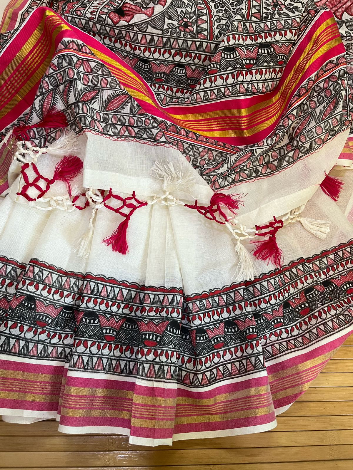 Madhubani Handpainted Fusion Kasavu Cotton Saree - Off White