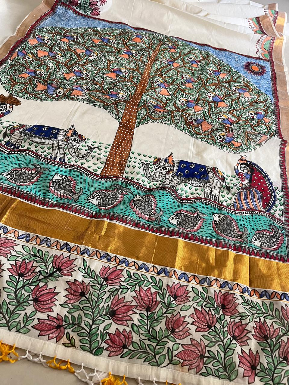 Madhubani Handpainted Fusion Kasavu Cotton Saree - Off White