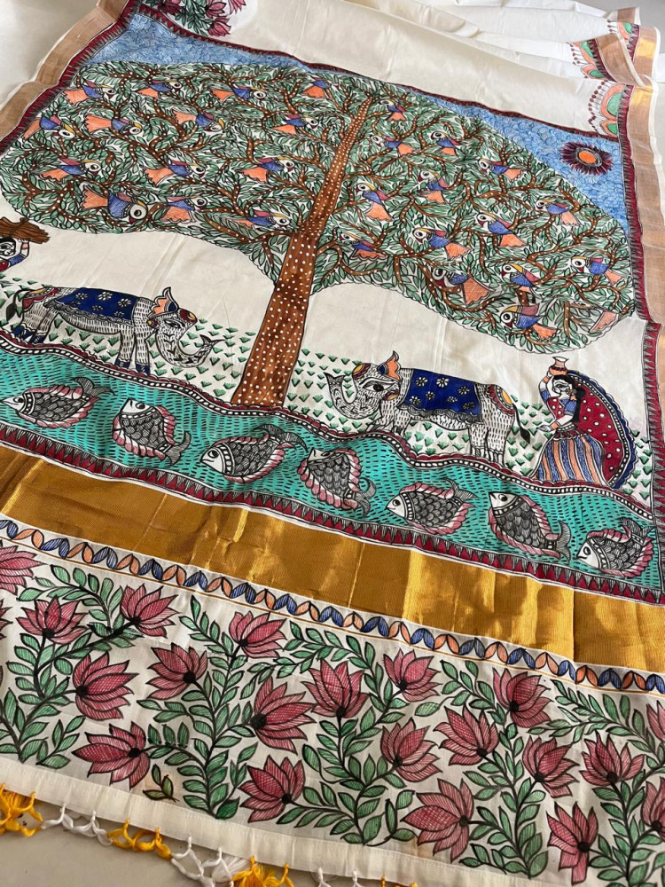 Image of Madhubani Handpainted Fusion Kasavu Cotton Saree - Off White