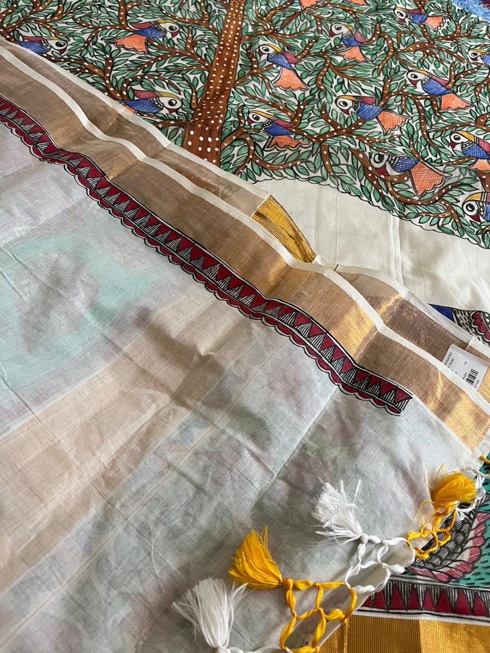Madhubani Handpainted Fusion Kasavu Cotton Saree - Off White