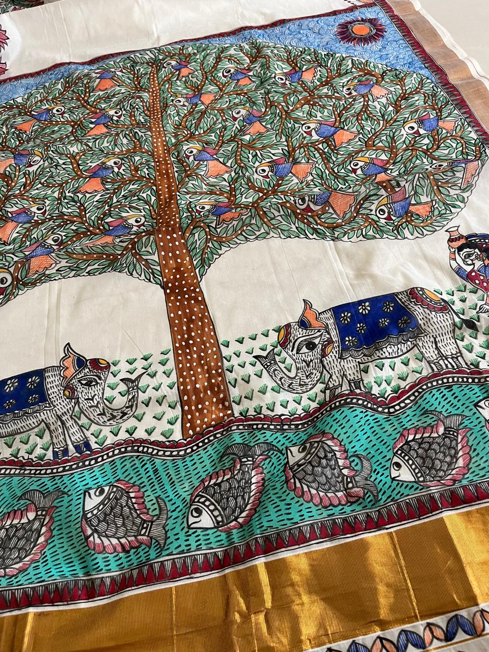 Madhubani Handpainted Fusion Kasavu Cotton Saree - Off White