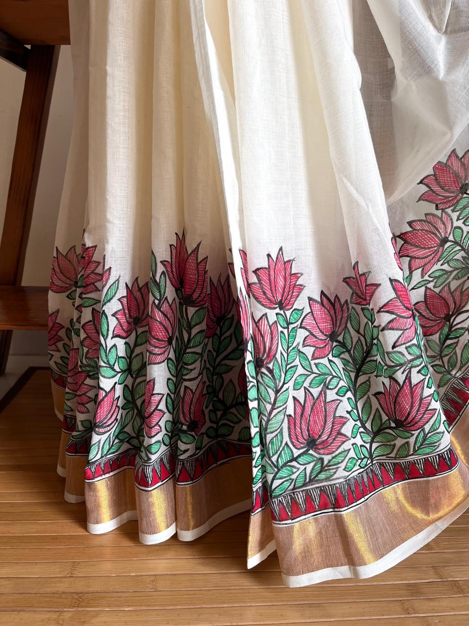 Madhubani Handpainted Fusion Kasavu Cotton Saree - Off White