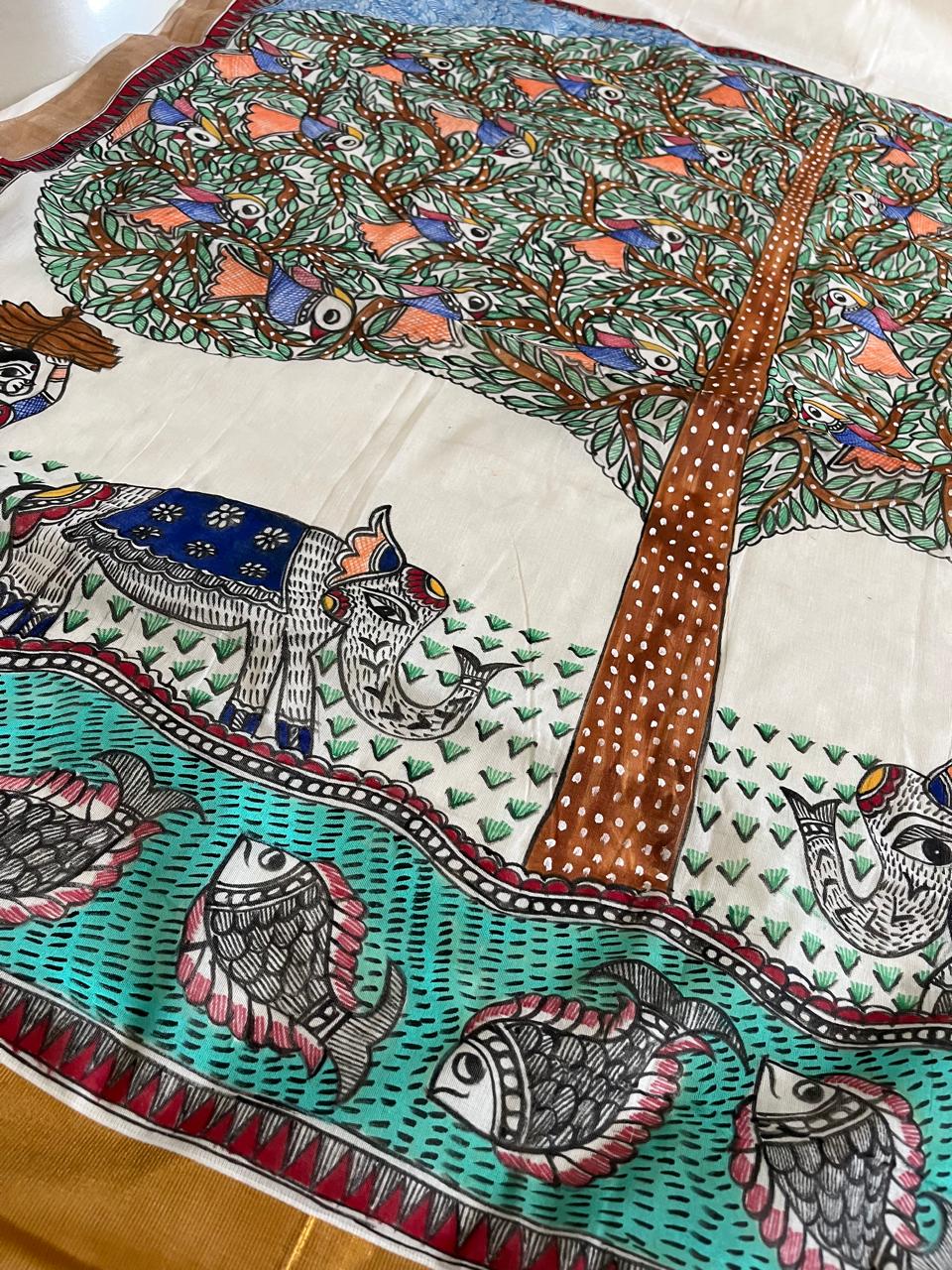 Madhubani Handpainted Fusion Kasavu Cotton Saree - Off White