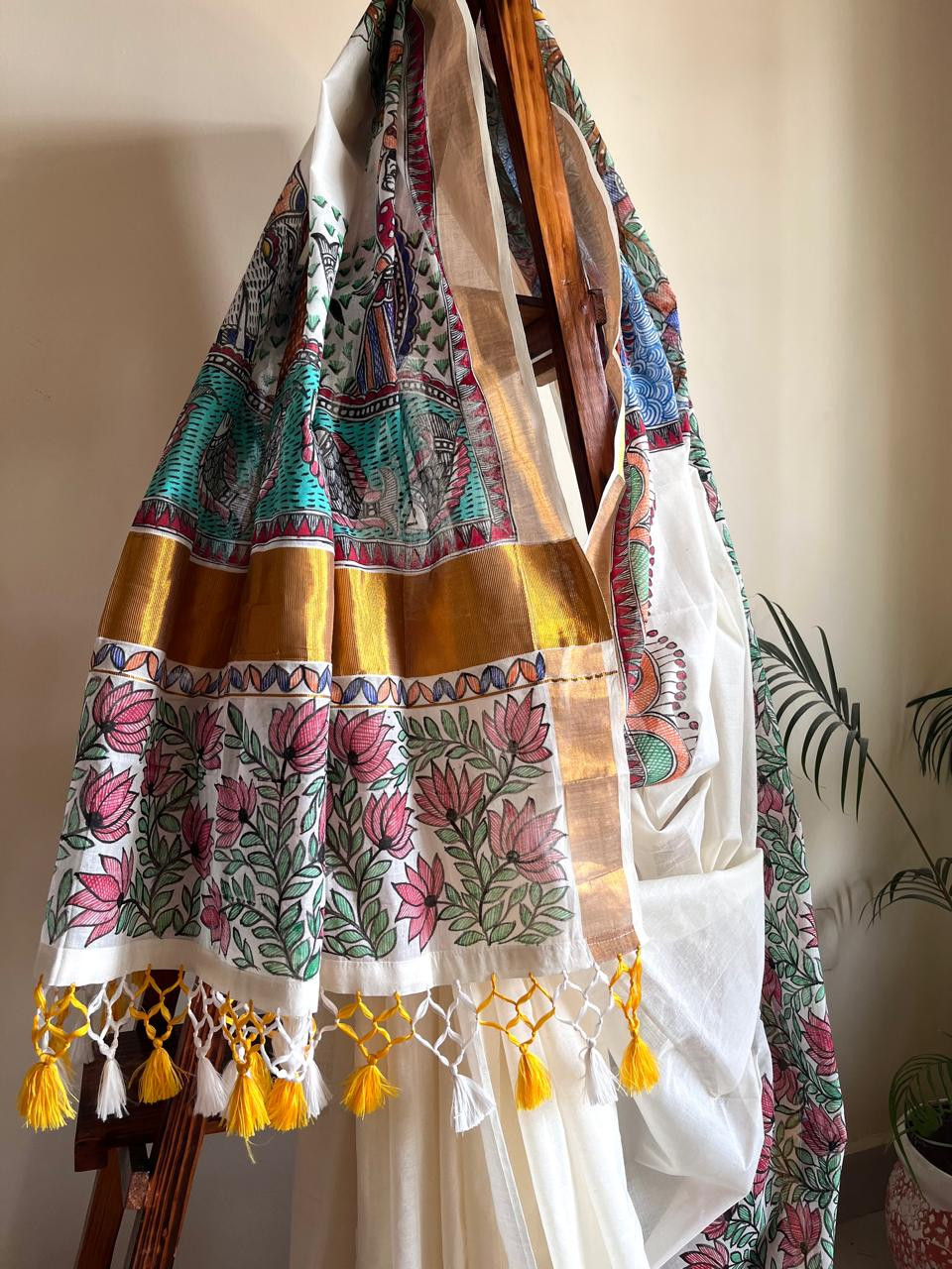 Madhubani Handpainted Fusion Kasavu Cotton Saree - Off White