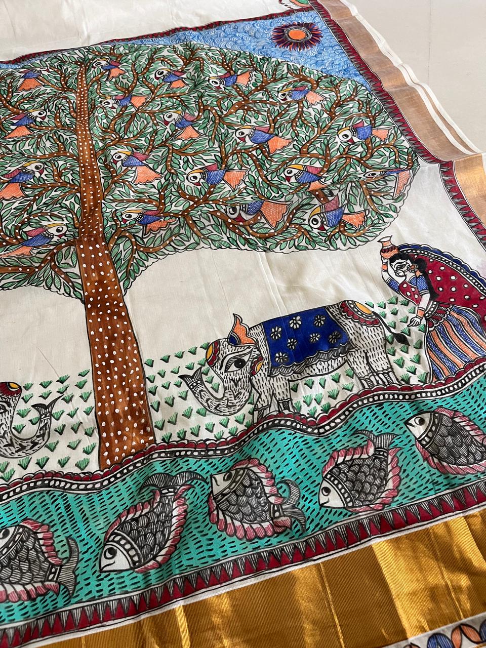 Madhubani Handpainted Fusion Kasavu Cotton Saree - Off White